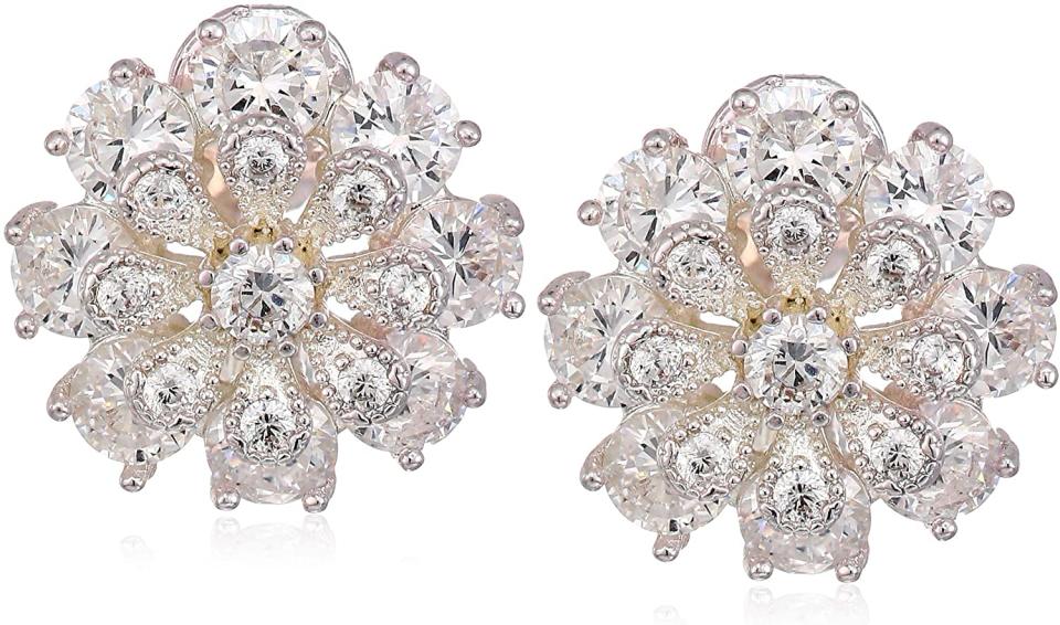Anne Klein Women's Silver/Crystal CZ Flower EZ Comfort Clip Button Earrings