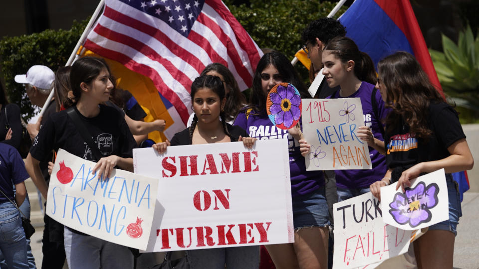 Armenian Americans commemorate the 108th anniversary of the Armenian Genocide Remembrance Day with a protest outside the Consulate of Turkey in Beverly Hills, Calif., Monday, April 24, 2023. (AP Photo/Damian Dovarganes)