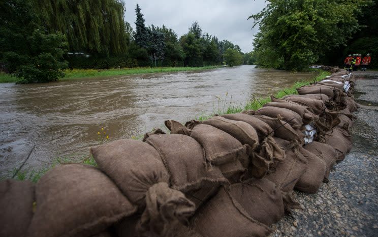 Sandsackbarriere am Ufer der Innerste in Hildesheim (Bild: dpa)