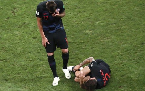 Croatia's Mario Mandzukic (L) and Sime Vrsaljko in the 2018 FIFA World Cup Quarterfinal match against Russia at Fisht Stadium. - Credit: Getty Images