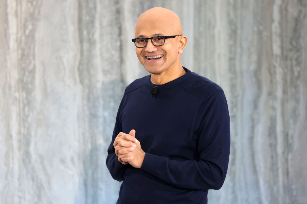 Microsoft CEO Satya Nadella speaks during a keynote address.