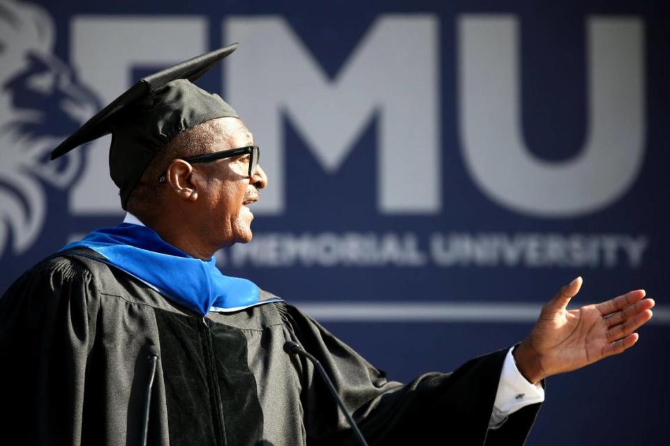 Mathew Knowles, Ph.D., a music industry executive producer and father of Beyonce and Solange Knowles, speaks during a joint commencement for students graduating in the class of 2020 and 2021, held Saturday, May 8, 2021, at Florida Memorial University in Miami Gardens, Florida