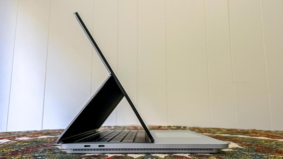 Microsoft Surface Laptop Studio side view, screen tented over keyboard