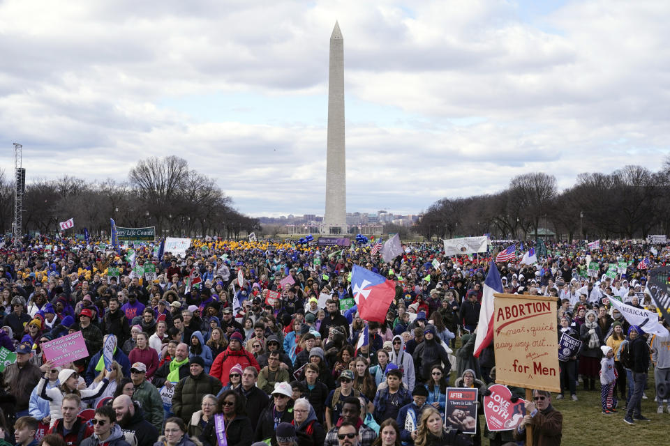 People participate in the March for Life rally in front of the Washington Monument, Friday, Jan. 20, 2023, in Washington. (AP Photo/Patrick Semansky)