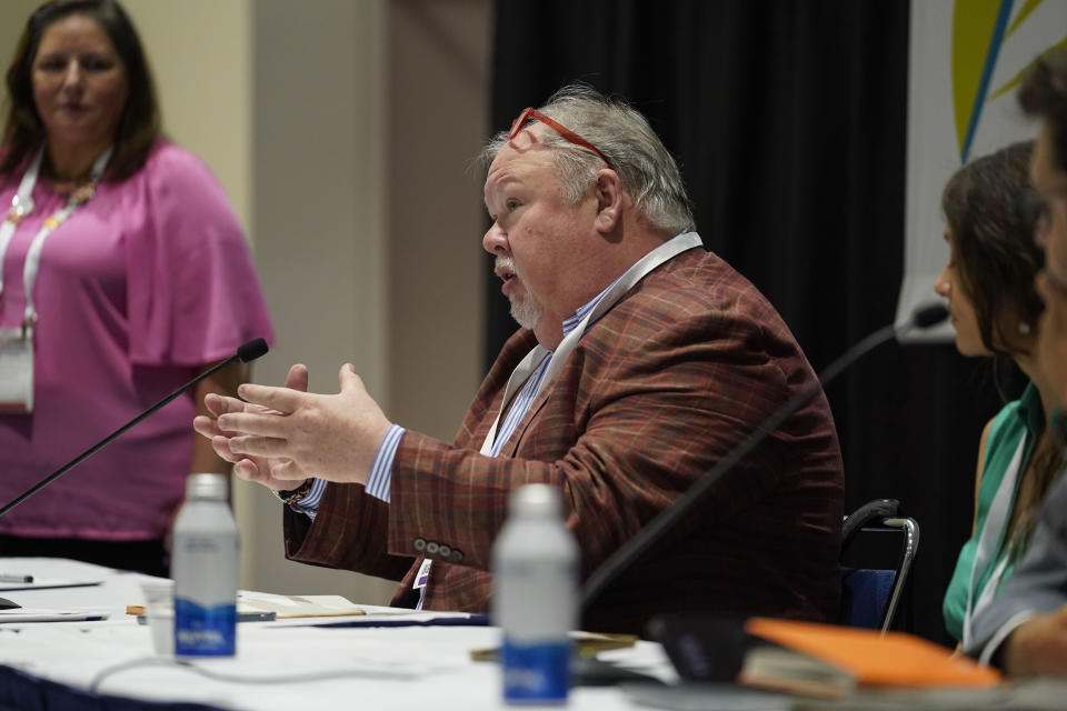 Former President of United for Libraries Skip Dye speaks during a panel discussion about understanding and combating book bans at the American Library Association's annual conference and exhibition on Friday, June 23, 2023, at McCormick Place in Chicago. (AP Photo/Erin Hooley)