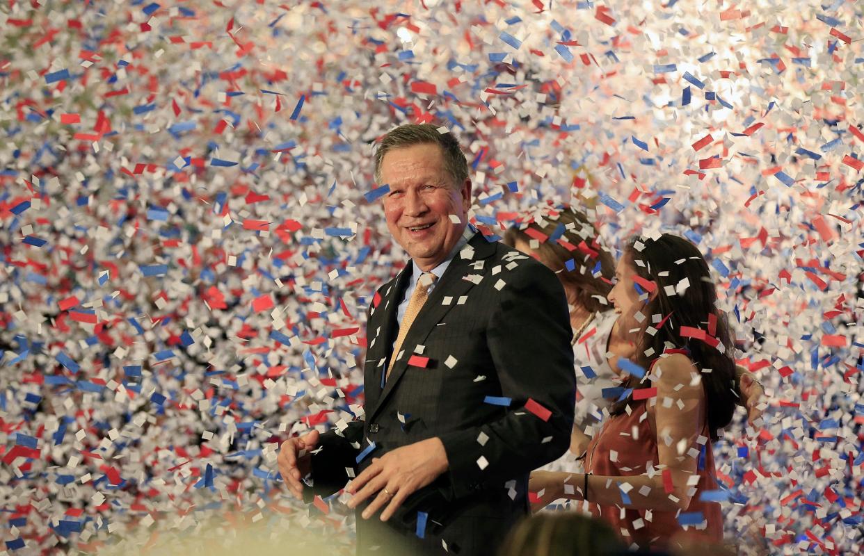 Then-Gov. John Kasich celebrates winning the Ohio GOP presidential primary at Baldwin Wallace University in Berea.