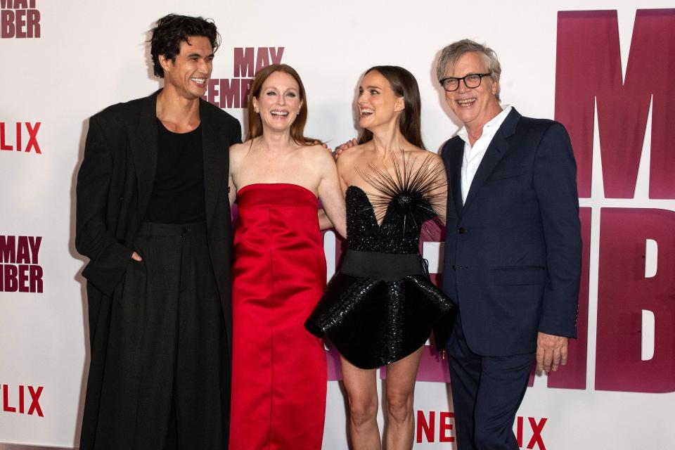 Charles Melton, left, Julianne Moore, Natalie Portman and Todd Haynes at the Los Angeles premiere of "May December" last month.