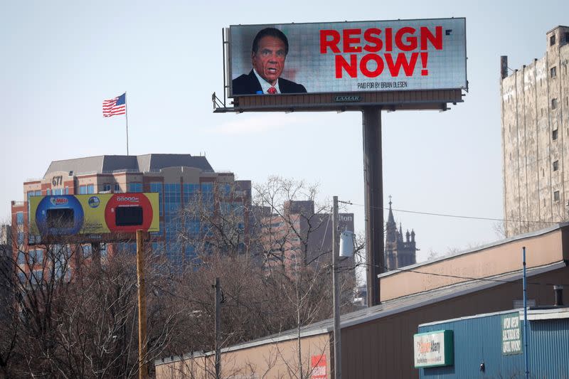 Electronic billboard displays message for New York Governor Andrew Cuomo to "Resign Now" in Albany