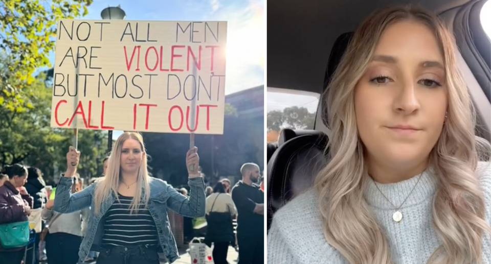 Bianca Unwin holds up a sign which reads 'Not all men are violent but most don't call it out' at a gendered violence protest (left) and speaks to the camera (right). 