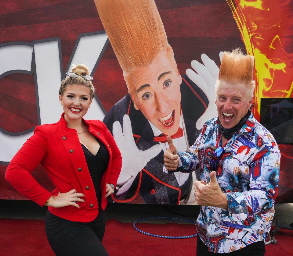 Sarasota-based circus stars Bello and Annaliese Nock greet visitors at the Sarasota Fairgrounds on Dec. 12, 2020.