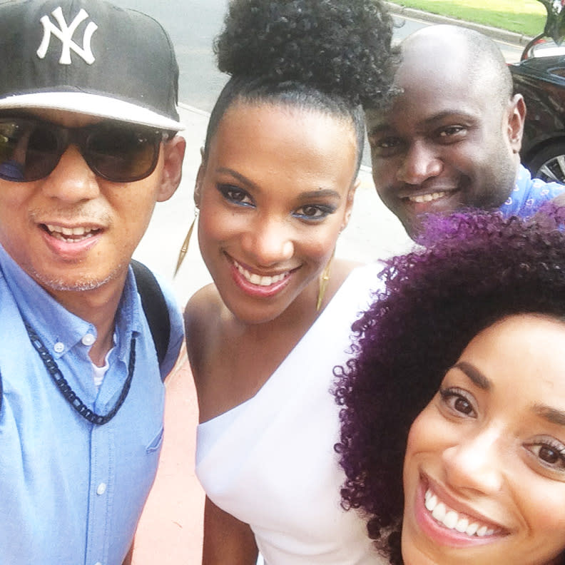 “Getting ready should always be fun with the team!” says Barose. Here is Jeudy with Barose, designer Charles Dieujuste, and hairstylist Yessenia Reyes.