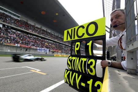 Formula One - Chinese F1 Grand Prix - Shanghai, China - 17/4/16 - A racing crew member holds a sign for Mercedes driver Nico Rosberg of Germany during the Chinese Grand Prix. REUTERS/Pool