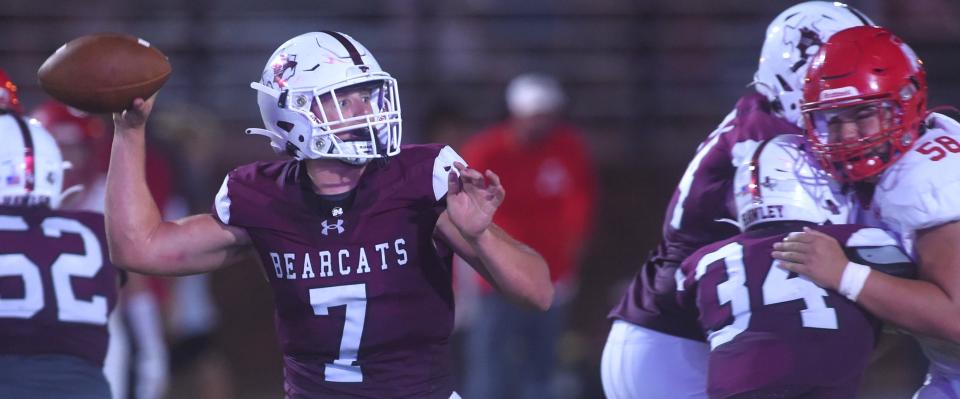 Hawley quarterback Keagan Ables (7) throws a pass against Albany. Albany beat the Bearcats 27-14 on Sept. 15 at Hardin-Simmons' Shelton Stadium in Abilene.