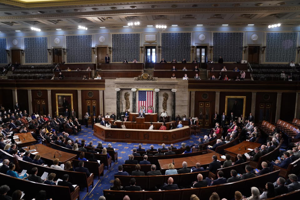 Greek Prime Minister Kyriakos Mitsotakis delivers remarks to a joint session of Congress, Tuesday, May 17, 2022, in Washington. (AP Photo/Evan Vucci)