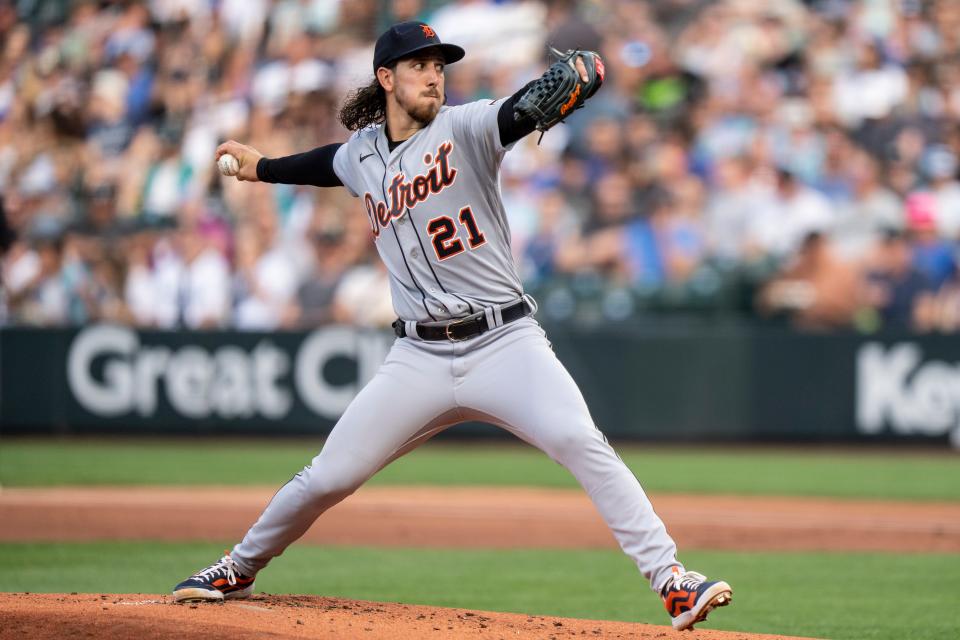 Detroit Tigers starter Michael Lorenzen (21) delivers a pitch during the first inning against the Seattle Mariners at T-Mobile Park in Seattle on Saturday, July 15, 2023.