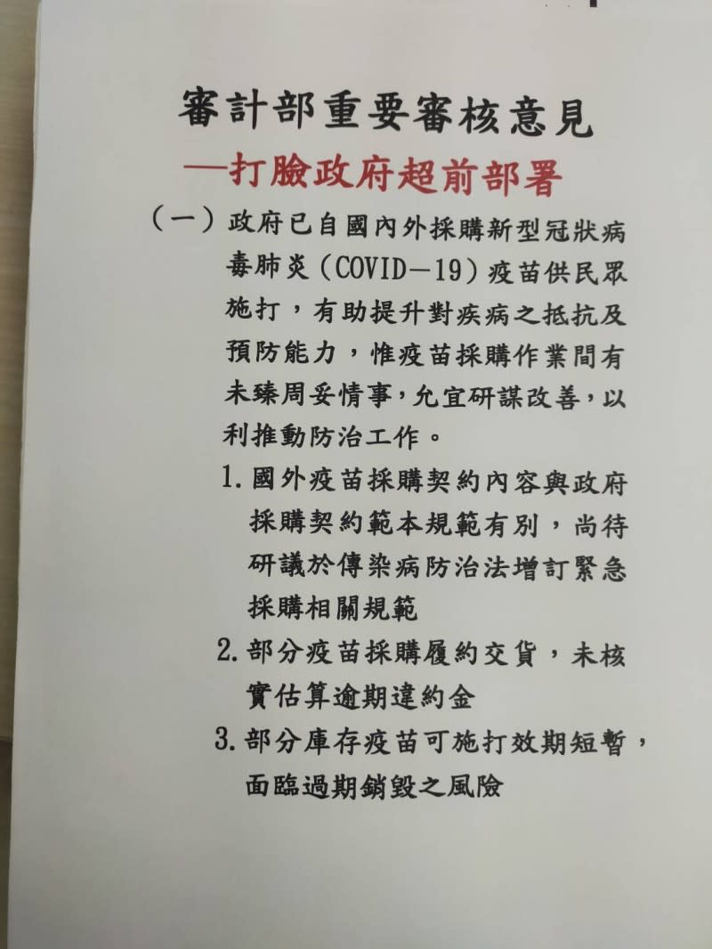 針對疫苗採購部分，審計部提出3缺失。（國民黨團提供）