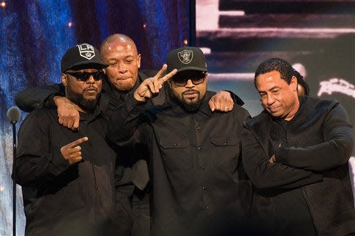 Inductees MC Ren, from left, Dr. Dre, Ice Cube and DJ Yella from N.W.A appear at the 31st annual Rock and Roll Hall of Fame Induction Ceremony at the Barclays Center on Friday, April 8, 2016, in New York.