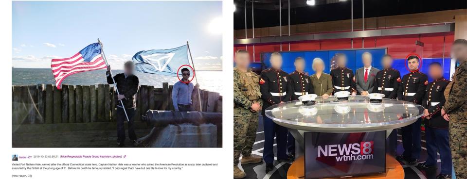 Jason Laguardia posted on the Discord server an image of himself waving an Identity Evropa flag (left). He visited a&nbsp;New Haven, Connecticut, TV station wearing a Marine uniform (right). (Photo: )