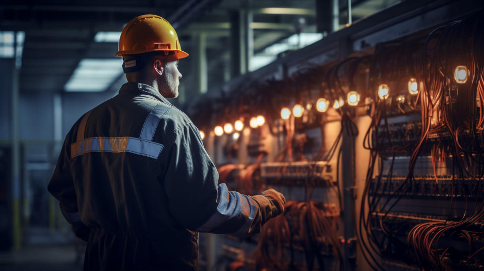 A utility employee connecting wires at a power station in order to distribute electricity to customers.