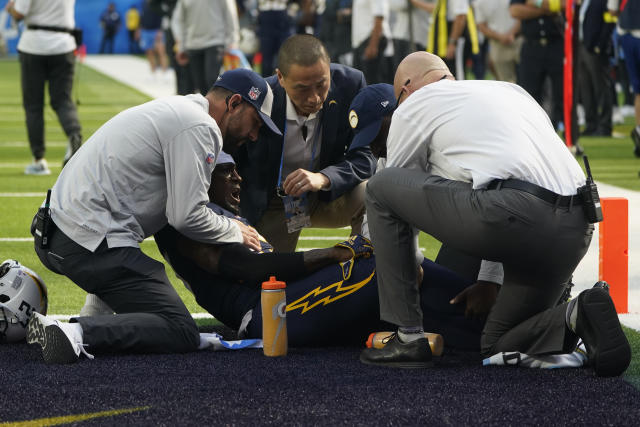 Los Angeles Chargers cornerback J.C. Jackson (27) takes his stance during  an NFL football game against the Seattle Seahawks, Sunday, Oct. 23, 2022,  in Inglewood, Calif. (AP Photo/Kyusung Gong Stock Photo - Alamy