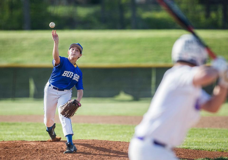 Burris' Josie Stevenson pitches against Central during their game at Central Tuesday, April 27, 2021. 