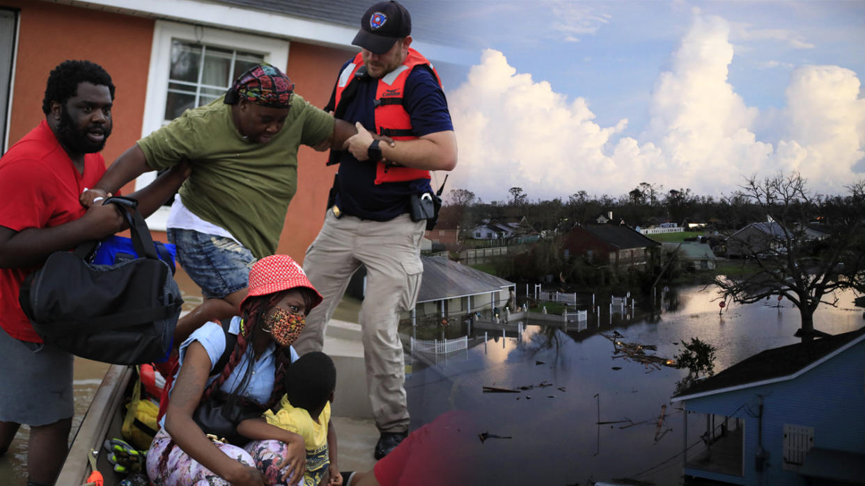 First responders rescue residents from floodwater left behind by Hurricane Ida in LaPlace, Louisiana, U.S., on Monday, Aug. 30, 2021. [left] Floodwaters left behind by Hurricane Ida in LaPlace, Louisiana, U.S., on Monday, Aug. 30, 2021. [right] (Photo Illustration: Yahoo! News; Photos: Luke Sharrett/Bloomberg via Getty Images (2))