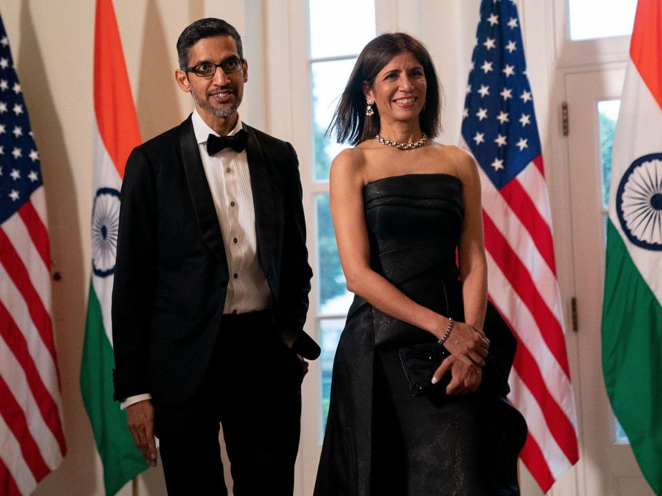 Google CEO Sundar Pichai in tuxedo at White House and Anjali Pichair