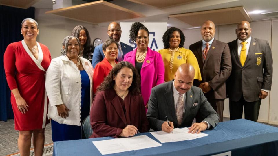 SBA Administrator Isabella Guzman signed a Strategic Alliance Memorandum (SAM) alongside Reuben A. Shelton III, Esq, President of the NPHC, and spoke about the finer points of the partnership. (Photo: Courtesy of Brandon Williams, SBA)