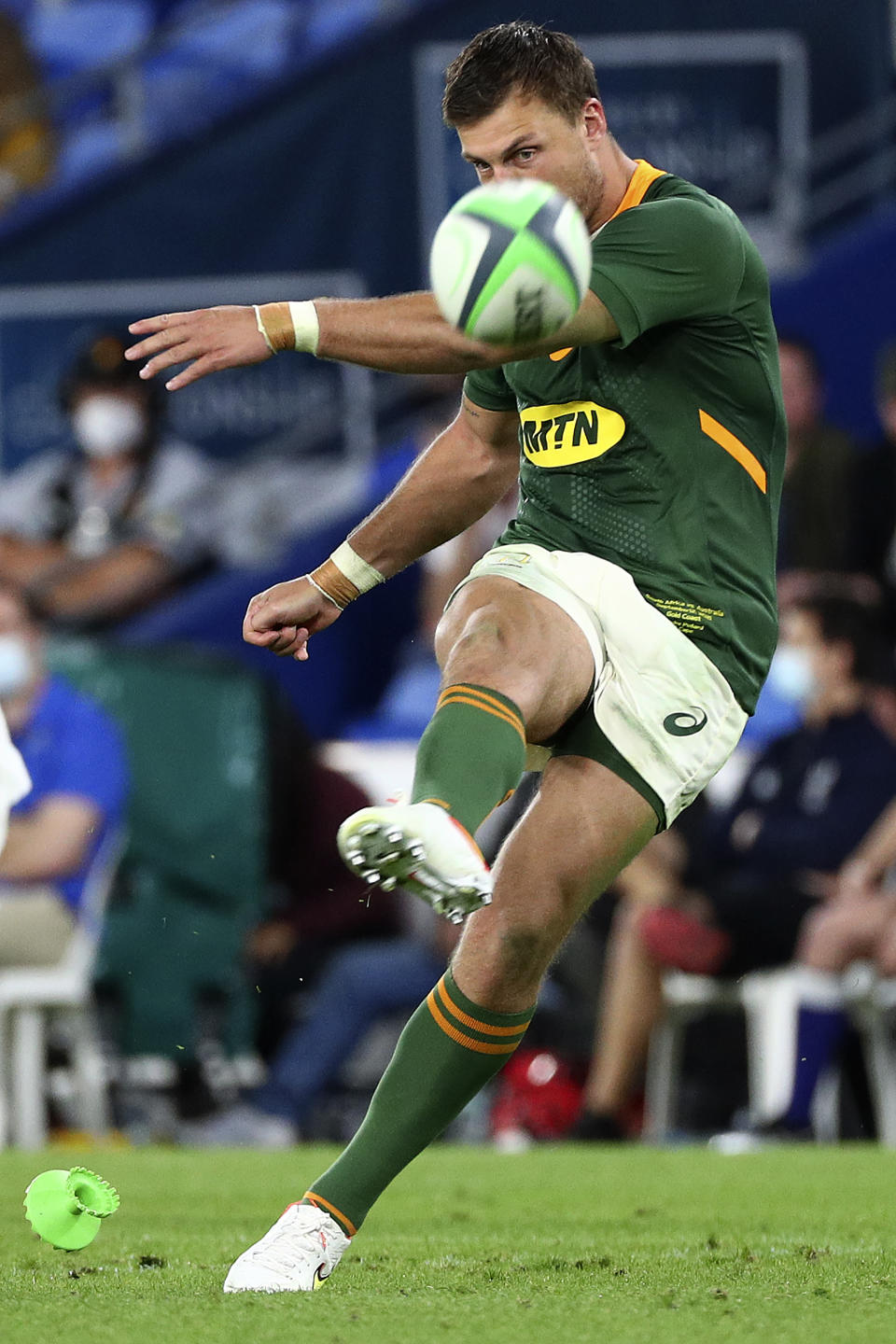 South Africa's Handre Pollard kicks a penalty against Australia during their Rugby Championship match on Sunday, Sept. 12, 2021, Gold Coast, Australia. (AP Photo/Tertius Pickard)