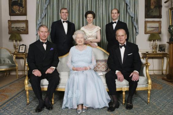 HM Queen Elizabeth II and HRH Prince Philip, Duke of Edinburgh are joined at Clarence House by their immediate family, HRH The Prince of Wales (L), HRH Princess Anne, The Princess Royal (above C) , HRH The Duke of York (TopL) and HRH The Earl of Wessex (TopR) on the occasion of a dinner hosted by HRH Prince Charles, Prince of Wales and HRH Camilla, Duchess of Cornwall to celebrate the forthcoming Diamond Wedding Anniversary of the Queen and The Duke, on Sunday November 18, 2007 in London, England. (Getty Images)