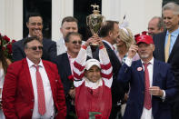 Jockey Sonny Leon celebrates after winning the 148th running of the Kentucky Derby horse race at Churchill Downs Saturday, May 7, 2022, in Louisville, Ky. (AP Photo/Jeff Roberson)