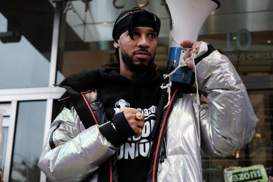 Chris Smalls at a labour protest at the New York Times Deal Book Summit (Getty Images)