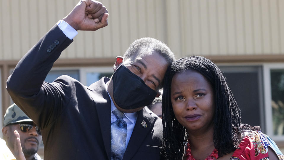 Kavon Ward, founder of Justice for Bruce's Beach, and her husband Mitch Ward react before California Gov. Gavin Newsom signed a bill, "Bruce's Beach Bill"