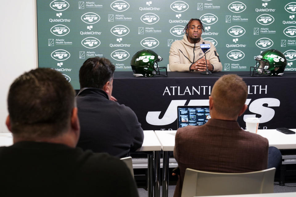 Will McDonald IV speaks to reporters during a news conference at the Jets' training facility, Friday, April 28, 2023, in Florham Park, N.J. (AP Photo/Mary Altaffer)