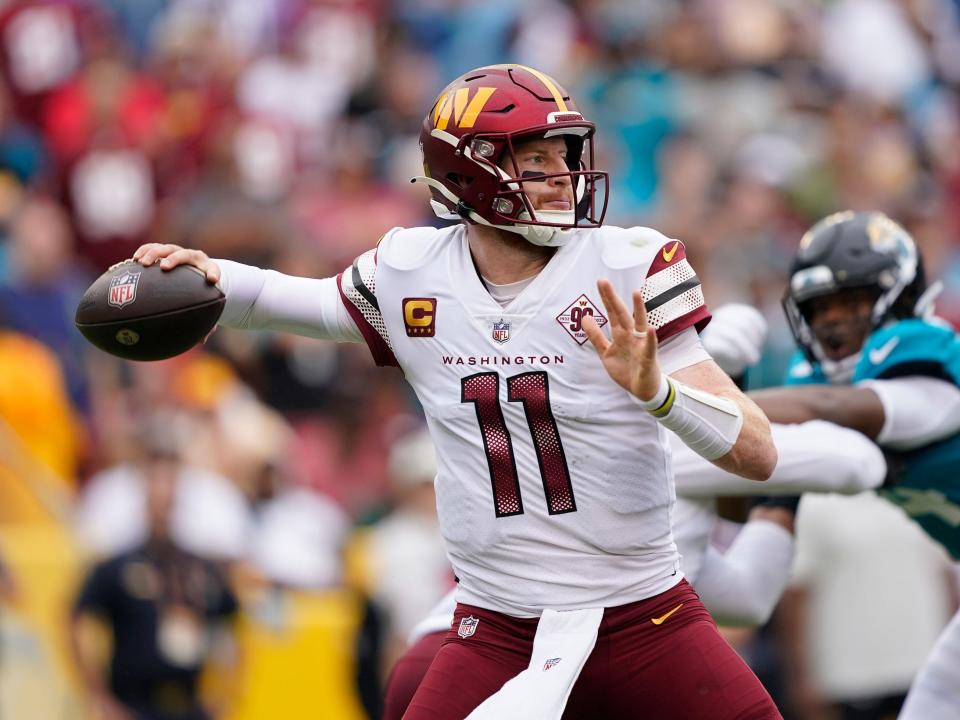 Carson Wentz looks to pass against the Jacksonville Jaguars.