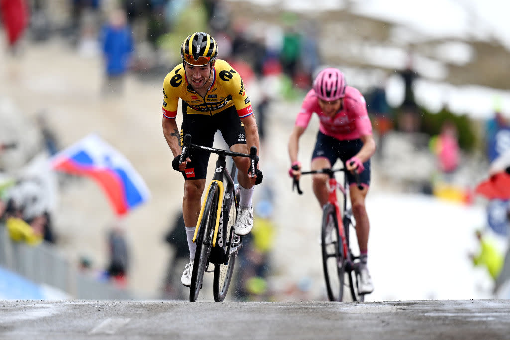  TRE CIME DI LAVAREDO ITALY  MAY 26 LR Primo Rogli of Slovenia and Team JumboVisma and Geraint Thomas of The United Kingdom and Team INEOS Grenadiers  Pink Leader Jersey spduring the 106th Giro dItalia 2023 Stage 19 a 183km stage from Longarone to Tre Cime di Lavaredo 2307m  UCIWT  on May 26 2023 in Tre Cime di Lavaredo Italy Photo by Stuart FranklinGetty Images 