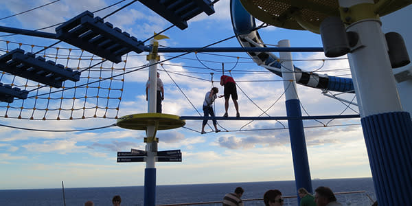 <b>Ropes Course</b> Test your courage high above the sea on Carnival Cruise Lines Sky Course. Composed of eight sections that dangle over the mini-golf course, you are tethered to a rope as you make your way across the bridges about three metres above the ground.