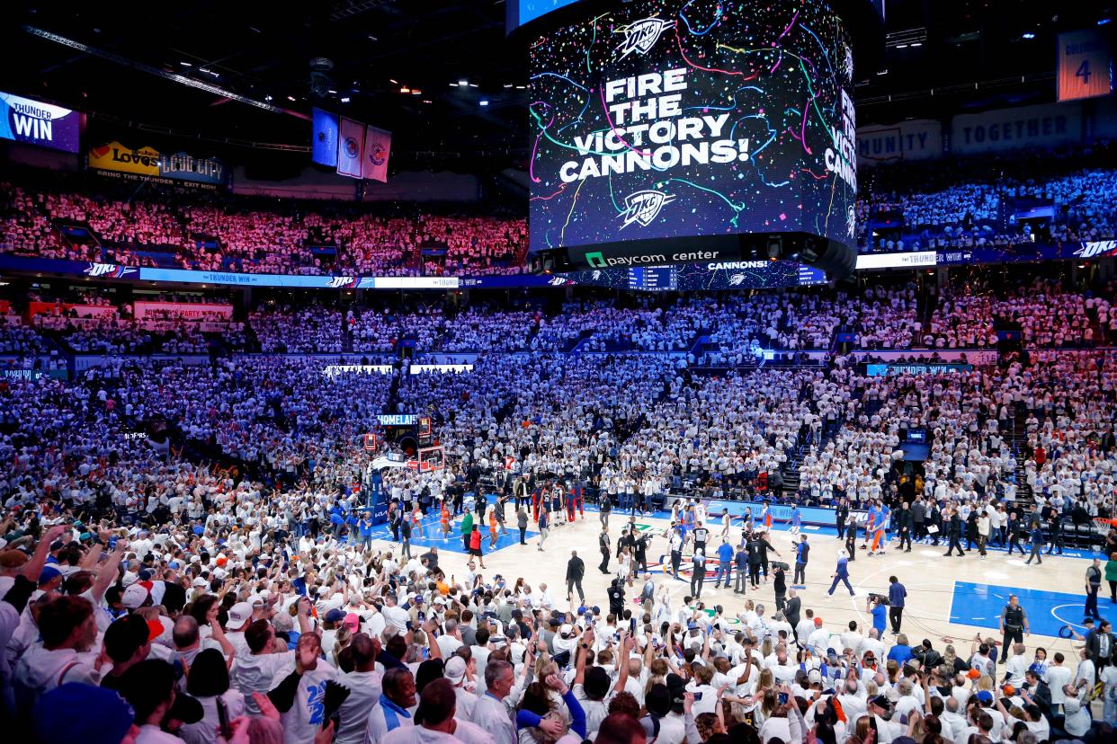 Fans cheer after the Thunder won game one of the NBA playoffs between the Oklahoma City Thunder and the New Orleans Pelicans at the Paycom Center in Oklahoma City, on Sunday, April 21, 2024.