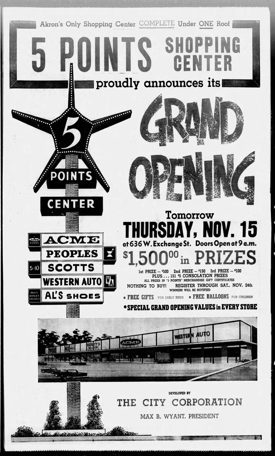 A Beacon Journal advertisement Nov. 14, 1962, announces the arrival of Five Points Shopping Center in Akron. Remember that sign?