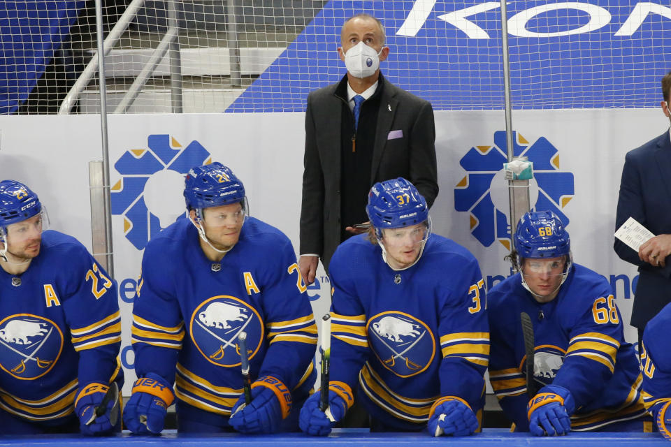 Buffalo Sabres interim head coach Don Granato looks on during the third period of an NHL hockey game against the Boston Bruins, Thursday, March 18, 2021, in Buffalo, N.Y. (AP Photo/Jeffrey T. Barnes)