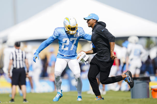 Los Angeles Chargers cornerback J.C. Jackson (27) takes his stance