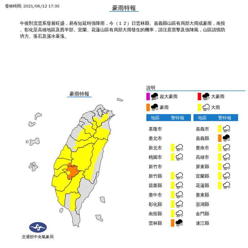 中央氣象局17時35分發佈豪雨特報。（圖／翻攝自中央氣象局）