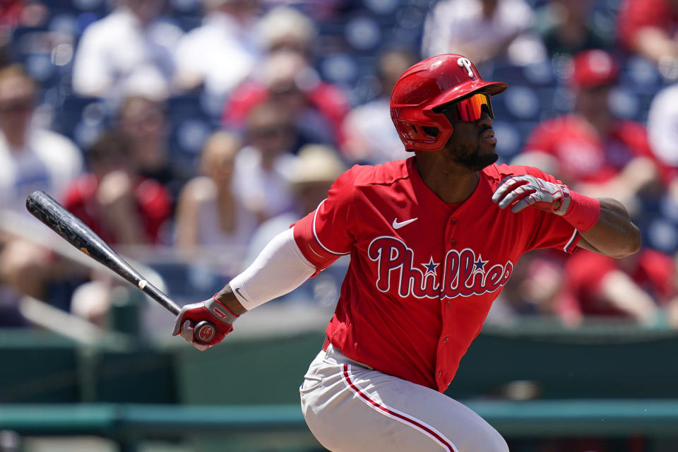 Philadelphia Phillies' Odubel Herrera grounds out in the third inning of the first game of a baseball doubleheader against the Washington Nationals, Friday, June 17, 2022, in Washington. Bryce Harper scored on the play. (AP Photo/Patrick Semansky)