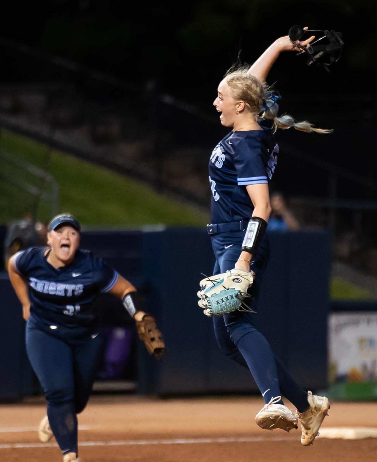 North Penn pitcher Bella Nunn leaps in the air after striking out the final batter in the top of the seventh inning to defeat Council Rock South in the PIAA 6A softball championship at Nittany Lion Softball Park in State College, Pa., Friday, June 14, 2024. Nunn fanned 13 batters to help the Knights win their second straight state title, 1-0.
