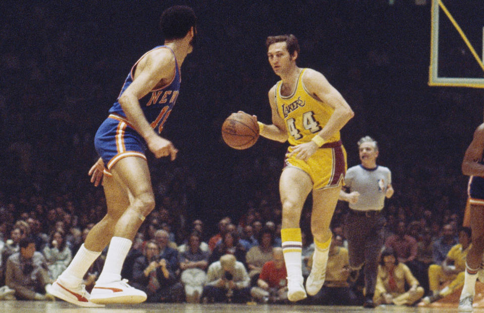 INGLEWOOD, CA - UNDATED: Jerry West #44 of the Los Angeles Lakers dribbles the ball up court during a game against the New York Knicks at the Great Western Forum in Inglewood, California. (Photo by Focus on Sport/Getty Images) *** Local Caption *** Jerry West