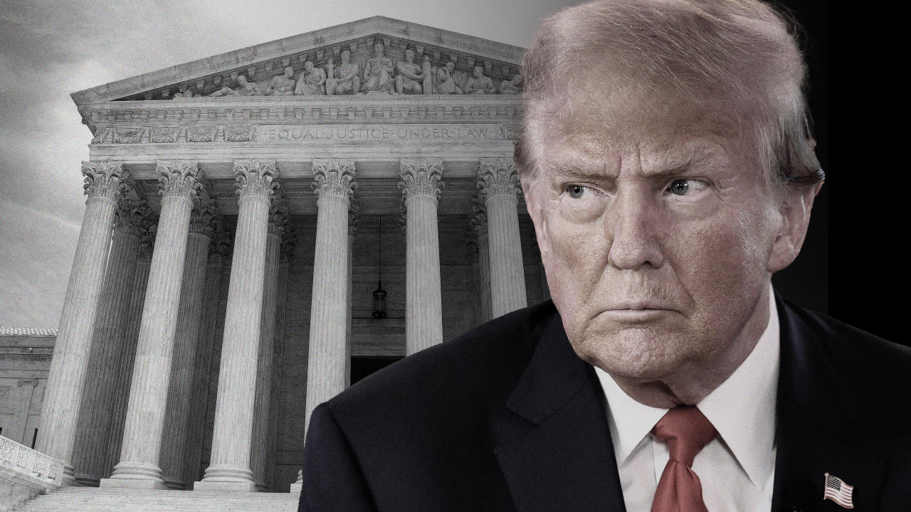 A picture of Donald Trump against a backdrop of an image of the Supreme Court.