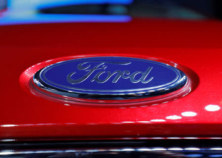 The logo is seen on the bonnet of a new Ford Aspire car during its launch in New Delhi, India, October 4, 2018. Picture taken October 4, 2018. REUTERS/Anushree Fadnavis