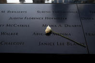 <p>Flowers were left at the North pool memorial site before a commemoration ceremony for the victims of the Sept. 11 terrorist attacks at the National September 11 Memorial, Sept. 11, 2017, in New York City. In New York City and throughout the United States, the country is marking the 16th anniversary of the Sept. 11 terrorist attacks. (Photo: Drew Angerer/Getty Images) </p>