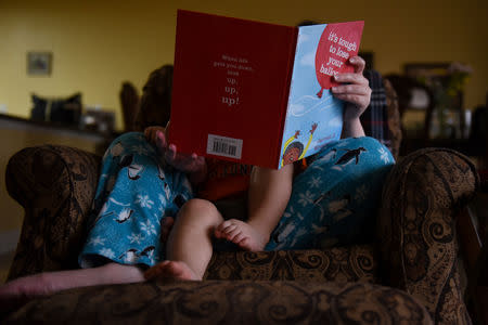 Lauren Hoffmann, 29, a college program manager, reads a book to her two-year old son Asa in San Antonio, Texas, U.S., February 6, 2019. REUTERS/Callaghan O'Hare