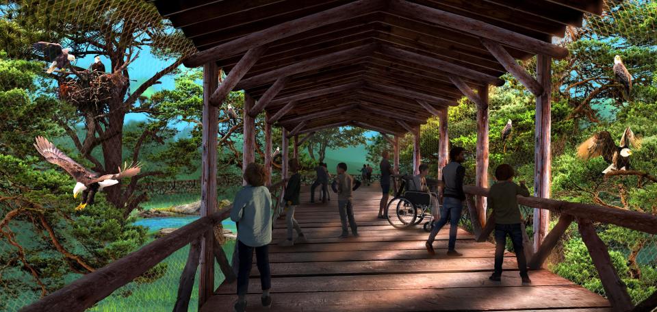 Artist rendering of proposed North America Trek exhibit, a $40 million reconstruction of the Columbus Zoo and Aquarium's oldest area of the zoo. Exhibits include a bridge and overlook, displaying Bald Eagles and other bird species. (Credit: Columbus Zoo and Aquarium)